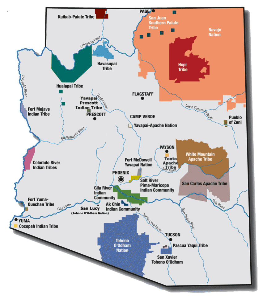 Map of the state of Arizona with Indian Tribe locations indicated