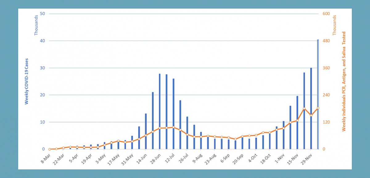 Graph of Arizona Positive COVID-19 Tests, March through November, 2020