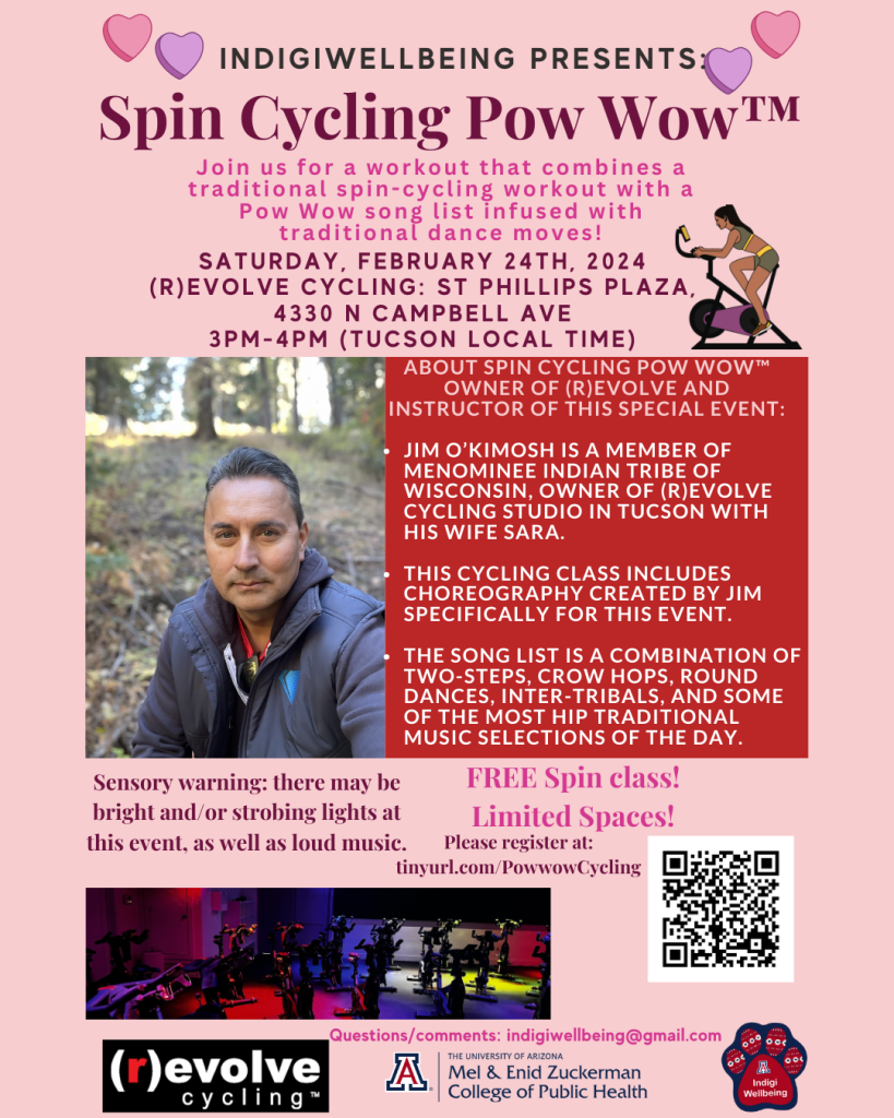 Flyer for IndigiWellbeing Spin Cycling Pow Wow with Jim O'Kimosh event