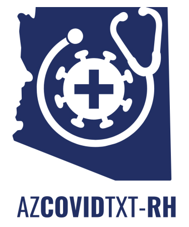 AZCOVIDTEXT-RH logo: Outline of Arizona state with virus and health icon over top