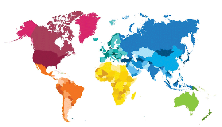Map graphic of the world with different colors for countries and regions